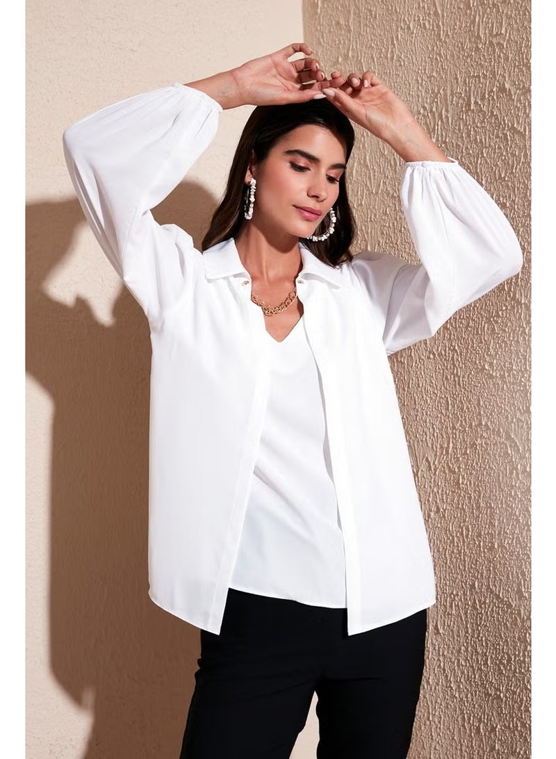 Lela Regular Fit V-Neck Balloon Sleeve Blouse Women's Blouse 611BZ0353 - Image 5
